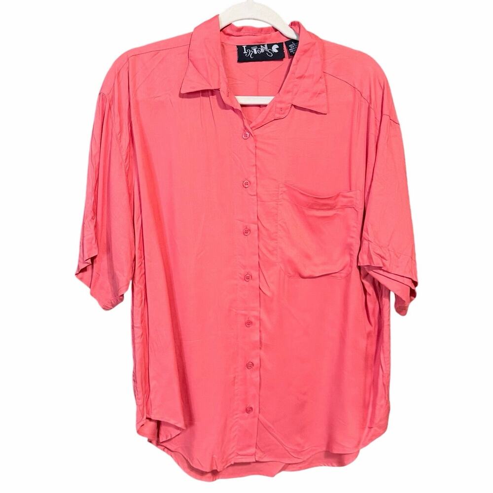 Vintage 90s Intense coral short sleeve button front blouse rayon artsy large